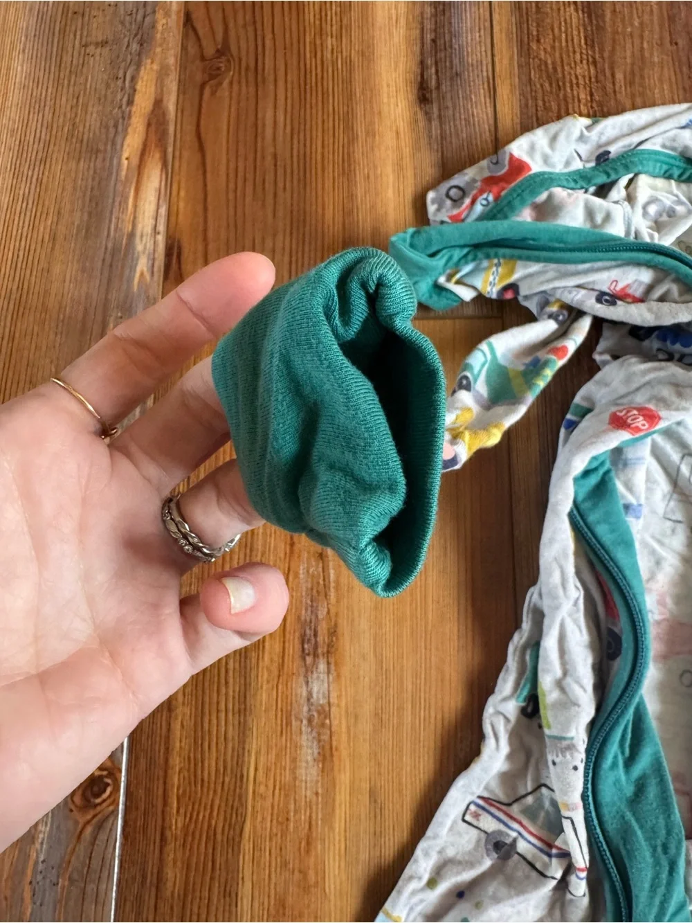 Little sleepies - 12-18 month - Footed Pajama - Teal Trim with Multicolor Trucks